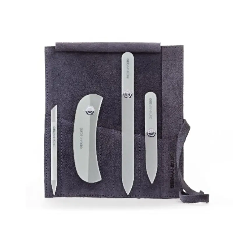 Four-Piece Glass Nail File Set In Dusky Plum Suede Case – Germanikure 1