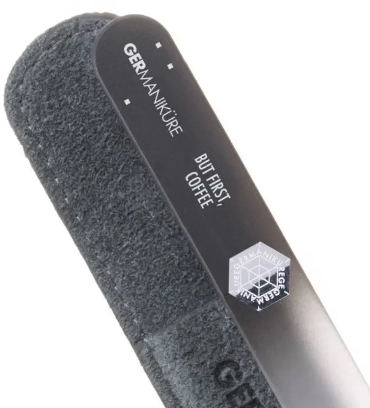 Germanikure "But First Coffee" Glass Nail File With Warm-Tone Leather Sleeve 1