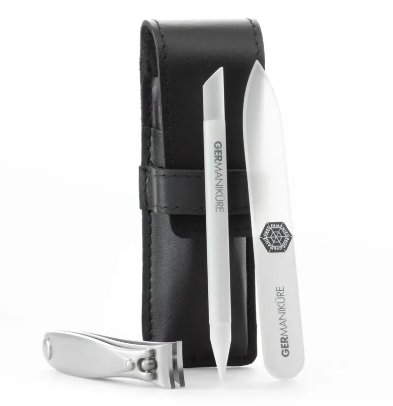Three-Piece Travel Manicure Kit – Stainless Steel Clipper, Glass File & Cuticle Stick (Black Case) – Germanikure 1