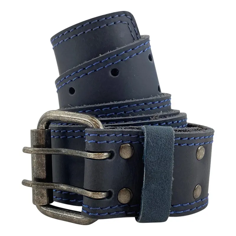 Two-Row Stitch Leather Belt With Double-Prong Buckle – 1.5-Inch Width 1