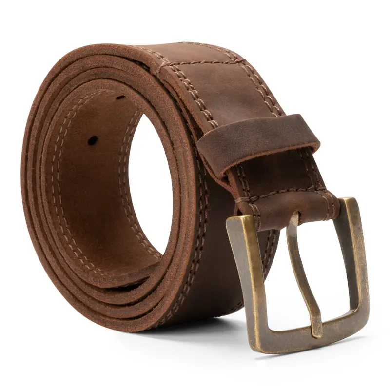 Two-Row Stitched Thick Leather Belt With Antique Brass Buckle 1