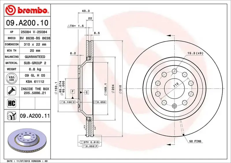 Brembo 09A20011C02 Ventilated Brake Rotor — Direct Oe Replacement Disc 1